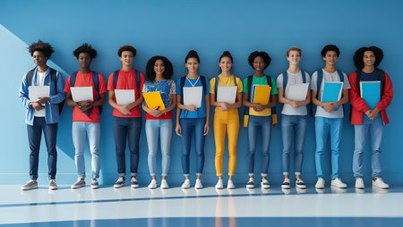 Multiethnic Group of Students Standing in a Row and Holding Booksの素材