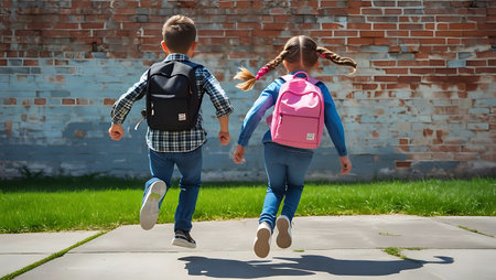 Back to school. Two schoolgirls running together with backpacks.の素材