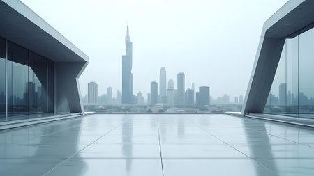 empty floor with modern cityscape in the background, 3d renderの素材
