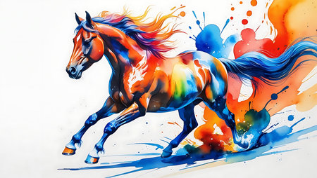 Colorful horse with colorful splashes on white background. Horse paintingの素材
