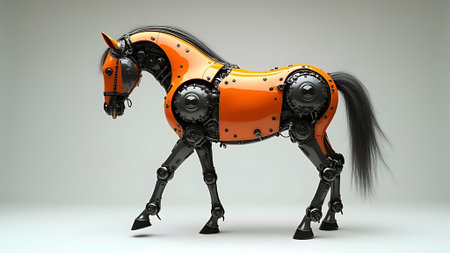 3d rendering of an orange horse made of metal on a gray backgroundの素材