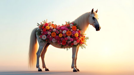White horse with a wreath of flowers. 3d render.の素材