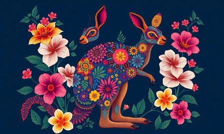 Kangaroo with flowers. Hand drawn vector illustration in vintage style.の素材