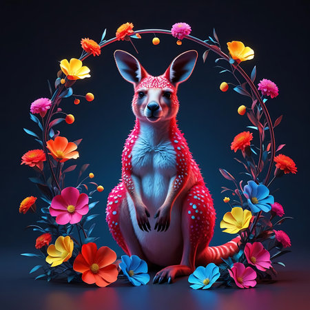 Kangaroo sitting on a flower wreath. 3d renderingの素材