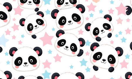 Seamless pattern with cute panda and stars. Vector illustration.の素材