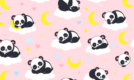 Seamless pattern with cute panda and moon. Vector illustrationの素材