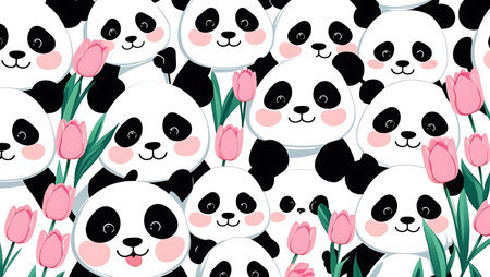 Seamless pattern with cute pandas and tulips. Vector illustration.の素材