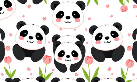 Seamless pattern with cute panda and flowers. Vector illustration.の素材