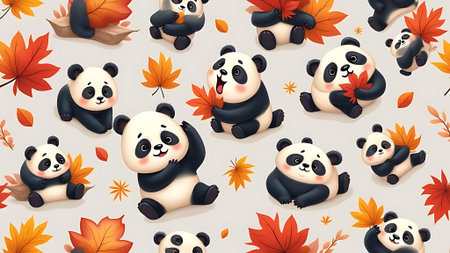 Seamless pattern with cute panda and maple leaves. Vector illustration.の素材