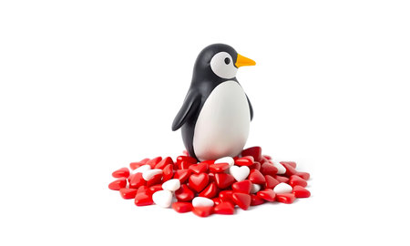Penguin with heart shaped candies isolated on white background.の素材