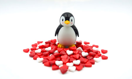 penguin and red hearts isolated on white background. Valentines dayの素材