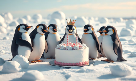 Penguins with a cake on the ice, 3d renderの素材