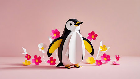 Penguin and flowers on pink background. 3d illustration.の素材
