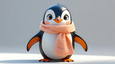 Cute penguin wearing scarf isolated on white background. 3d illustrationの素材
