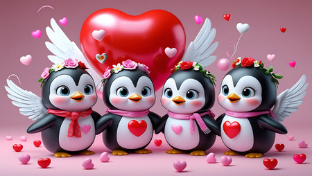 Valentine's day background with cute penguins and hearts.の素材
