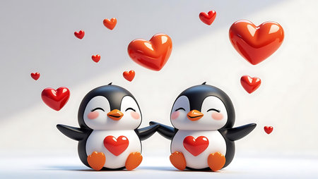 Cute penguins with red hearts, valentines day conceptの素材