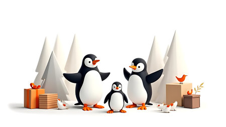 Group of penguins with gift boxes and christmas trees. Vector illustration.の素材