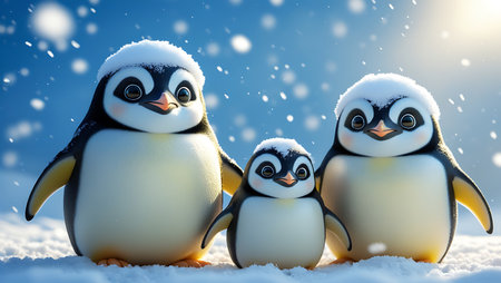 Three penguins in the snow. Christmas and New Year concept.の素材