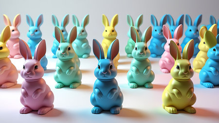 group of colorful easter bunnies on white background 3d renderingの素材