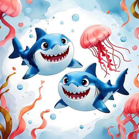 Seamless background with funny cartoon sharks and jellyfishes illustrationの素材