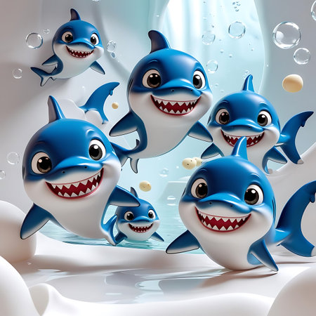Cute cartoon sharks in the water. 3d render illustration.の素材