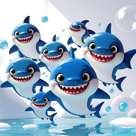 3D render of a group of cute cartoon sharks in the waterの素材