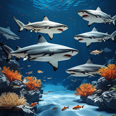 Underwater scene with sharks and coral reef. 3D illustration.の素材