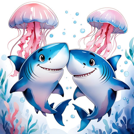 Cute cartoon shark and jellyfishes on a white background.の素材