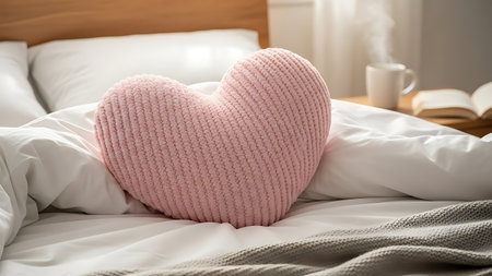 Cozy bedroom interior with heart pillow and coffee cupの素材