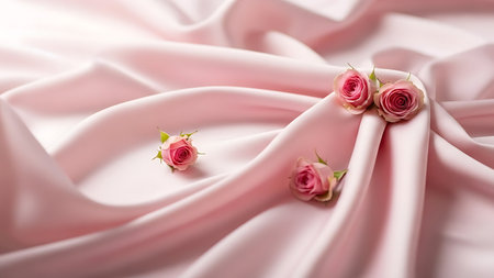 Pink roses on satin, soft fabric folds, gentle beauty, elegant texture, romantic floral accentの素材