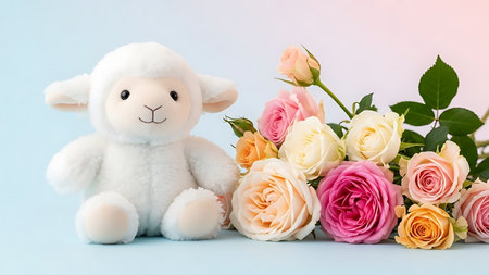 Adorable lamb plush toy with bouquet of roses. Cute stuffed animal and fresh flowers.の素材