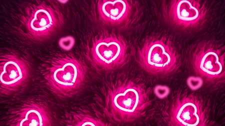 Electric neon hearts on fur. Glowing pink love background.の素材