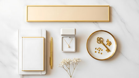 Elegant white and gold flat lay, luxury jewelry, stationery, celebration, special eventの素材