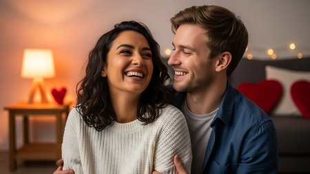 Happy couple laughing, cozy evening at home, warm lights, relaxed romantic momentの素材