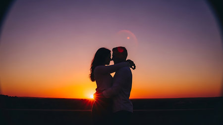 Couple embracing romantic silhouette warm sunset sky outdoor sceneの素材