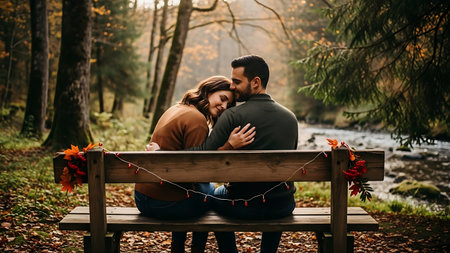 Affectionate couple hugging on rustic bench autumn forest riversideの素材