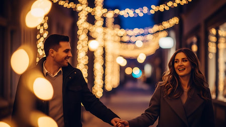 Romantic couple on a night out. City street illuminated by warm lights. Happy and joyful.の素材