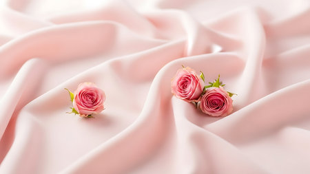 Pink roses on soft silk fabric background for luxury designの素材