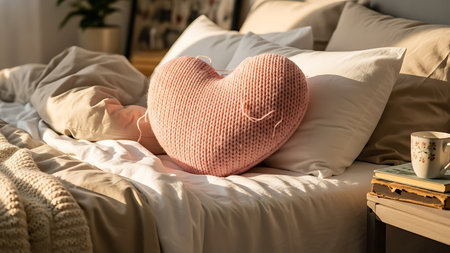 Pink heart pillow. Cozy bed. Warm sunlight. Romantic bedroom. Comfortable sleep.の素材