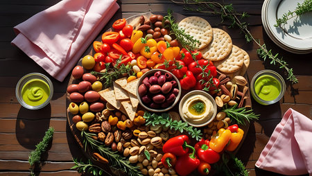 Rich vegetarian appetizer board olives peppers nuts dips crackers overhead viewの素材
