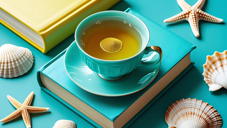 Still life composition of teal books, cup of tea with sun reflection, seashells, and starfish on blue background. Relaxing seaside theme.の素材