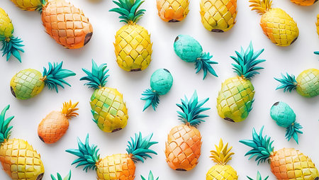 Textured pattern of decorative pineapple objects in bright colors on white surface. Fun design.の素材