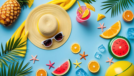 Tropical vacation scene with fruit beach hat sunglasses and cool ice cubesの素材