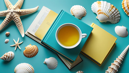 Beach vacation reading summer still life seashells book tea cupの素材