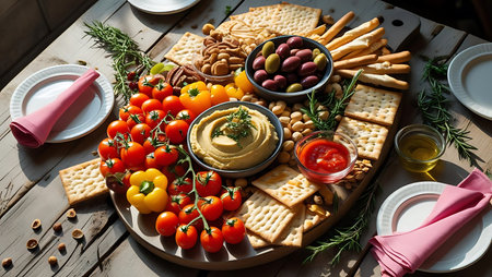 Charcuterie board with crackers olives hummus vegetables and snacksの素材