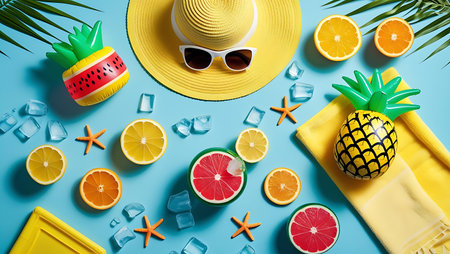 Tropical beach flatlay summer accessories holiday conceptの素材