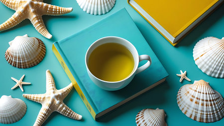 Summer vacation concept with white cup of tea on turquoise book. Beach relaxation with seashells and starfish.の素材