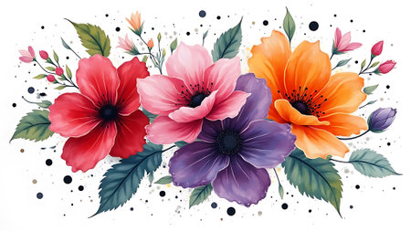 Four vibrant watercolor flowers, splashes, and dots create a beautiful natural artistic backgroundの素材