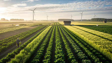 Sustainable agriculture landscape. Green fields and renewable energy. Farming and clean power.の素材