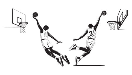Silhouettes of basketball athletes scoring a basketのイラスト素材